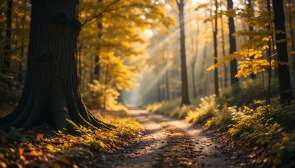 Fototapeta premium Sun-Kissed Autumnal Forest Path Bathed in Golden Light: A Tranquil Escape