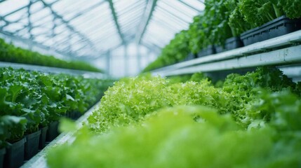 Lush Green Lettuce Growing in Bright Greenhouse Environment