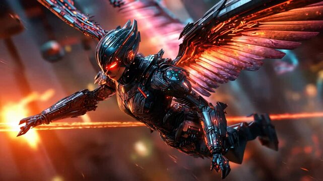 Cyber Winged Warrior Soaring: A futuristic warrior, clad in sleek, metallic armor and adorned with magnificent wings, streaks through a dynamic, action-packed environment with vibrant.