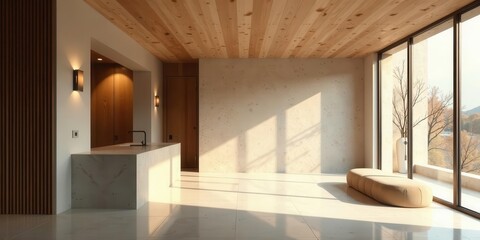 Modern Minimalist Interior Design Sunlit Open-Plan Living Space with Sleek Kitchen Island and Natural Wood Accents