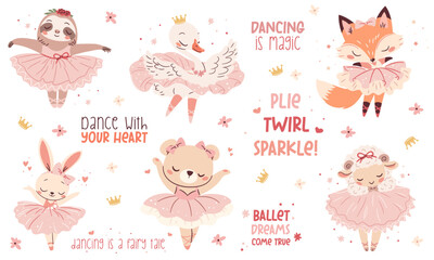 A set of flat vector illustrations in a simple children's style. Cute animals doing ballet, rabbit sheep bear swan, sloth, bird cub and fox in pink ballet tutus, inscription . Vector illustration © Alena