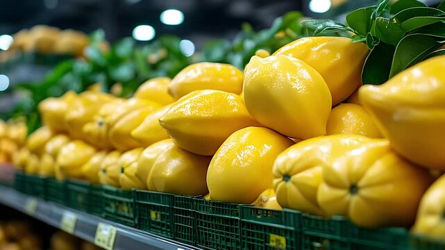 supermarket shelf featuring star fruits neatly arranged in a row, golden-yellow skin, glossy reflections