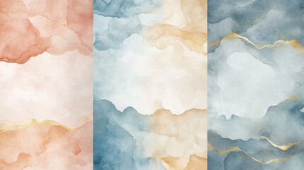 Watercolor art background vector. Wallpaper design with paint brush and gold line art. Earth tone blue, pink, ivory, beige watercolor Illustration for prints, wall art, cover and invitation cards.