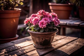 Sunlit Pink Flowers in Terracotta Pot: Garden Photography