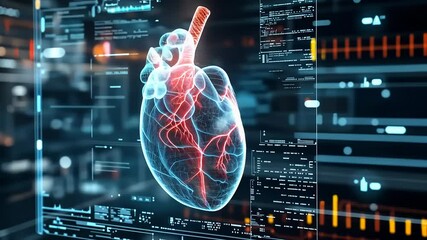 A futuristic interface displays an AI-driven model of a human heart, highlighting cardiovascular health insights in a data-rich environment. Advanced technologies aim to reduce disease risk.