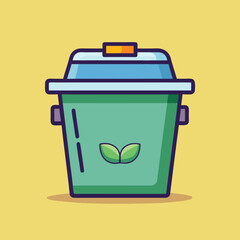 A vector illustration of an eco-friendly cartoon trash can with a green body and a leaf symbol on it, set against a yellow background, ideal for recycling and sustainability themes.
