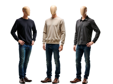 Three mannequins wearing casual and formal outfits