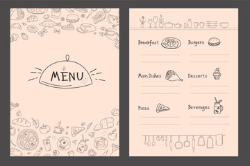 Title page and menu list template for restaurant or cafe. Hand drawn food sketches icons. Doodle chalk design on blackboard - breakfast, main dishes, pizza, desserts and beverages