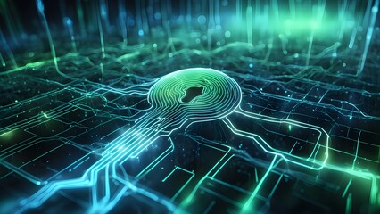 Abstract image depicting a glowing digital keyhole a futuristic circuit board background, representing cybersecurity digital access.