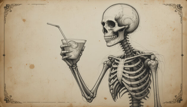 Hand drawn illustration with a skeleton drinking, with a glass of cocktail in his hand sketch engraving scratch board. 