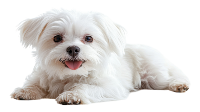 Happy fluffy dog resting playfully on bright white background, capturing joyful expressions