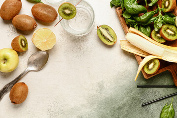 Ingredients for preparing kiwi smoothie on grunge background