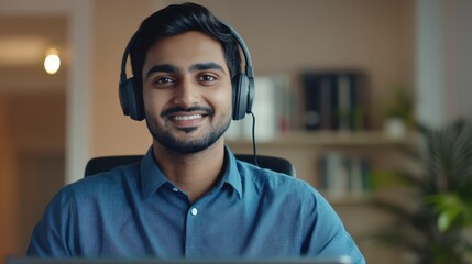 Happy indian business man remote teacher, customer support manager wearing headset talking at virtual meeting consulting client on video call giving distance learning class at home office call center