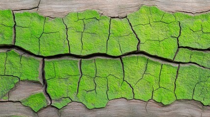 A close-up of cracked wood covered with vibrant green moss, showcasing a natural fusion of decay and life, Tree Bark Texture natural  close-up