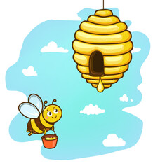 cartoon illustration of smiling bee with bucket and beehive
