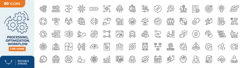Processing Optimization Workflow line editable icon set. Editable stroke. Vector illustration.