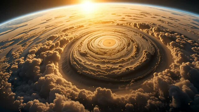 Aerial view of a swirling cloud formation with a bright sun shining above the horizon line