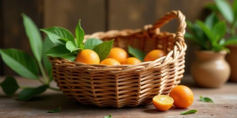 A wicker basket brimming with ripe citrus fruits, nestled amongst vibrant green foliage, creates a delightful still life scene.