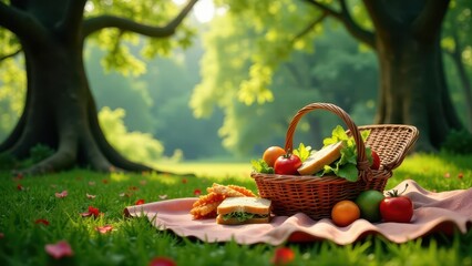 A delightful picnic basket brimming with sandwiches, fresh vegetables, and fruit, nestled on a soft blanket in a sun-dappled park setting, under the shade of majestic trees.
