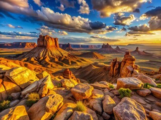 Panoramic Desert Landscape: Majestic Rocks and Expansive Sand Dunes