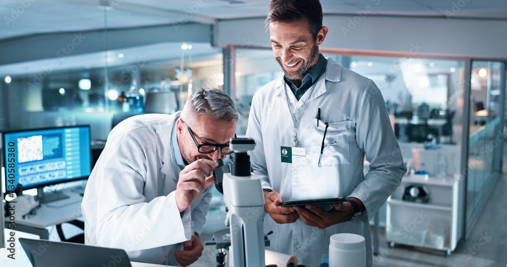 Poster collaboration, microscope and science with people in laboratory together for breakthrough or develop