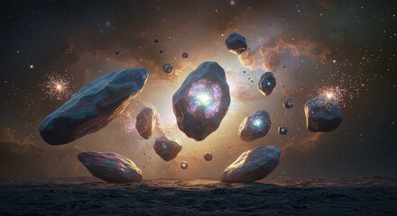 Floating Rocks in Space with Glowing Centers and Nebula Background