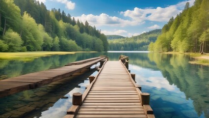 Obraz premium A wooden walkway winds through a lush, green forest beside a tranquil, turquoise lake.