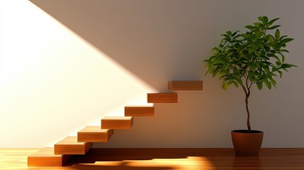 Minimalist Interior with Wooden Stairs and Decorative Potted Plant