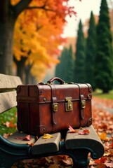 Autumnal Nostalgia A Vintage Leather Suitcase Rests on a Park Bench Amidst Falling Leaves, Evoking a Sense of Wanderlust and Reflection