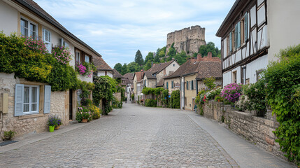 Naklejka premium charming medieval town with cobblestone streets and lush greenery