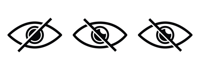 No eye view hidden icon set, incognito mode icon, and invisible eye symbol. Vision, sight, and unsee icons for security and privacy.