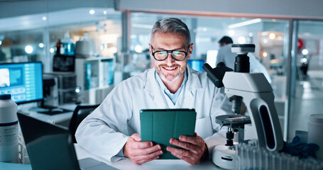Science, smile and tablet with man in laboratory for research results, healthcare and report on...