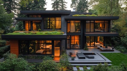 Modern architectural masterpiece featuring lush greenery, expansive glass windows, and inviting outdoor spaces