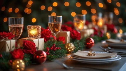 Elegant Christmas dinner table setting adorned with festive decorations, sparkling lights, and rich holiday colors