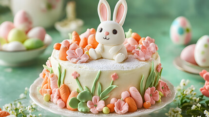 Obraz premium A pastel-colored carrot cake decorated with a cute Easter bunny, sugar flowers, and a dusting of powdered sugar for a light and festive spring dessert.A pastel-colored carrot cake decorated with fonda