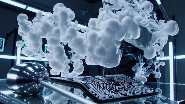 Laboratory technician examines vapor rising from circuit board in advanced technology research setting