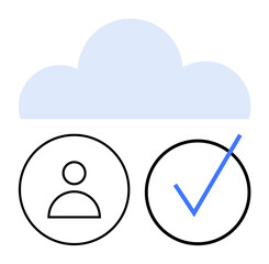 Cloud above two circular icons, one with a user outline, one with a checkmark. Ideal for data security, cloud computing, authentication, approval process, identity management, information © robu_s