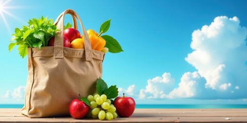 A Reusable Bag Filled with Fresh Produce on a Sunny Day Near the Ocean