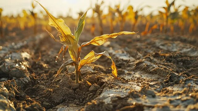 Sun-Kissed Sprout: A solitary young plant emerges from the parched earth, bathed in the warm glow of the sun, embodying resilience and the tenacity of life.