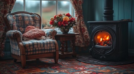 Fototapeta premium Cozy living room setting with a warm fireplace, plush armchair, and vibrant floral arrangement creating a serene atmosphere
