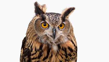 Obraz premium large brown owl with yellow eyes stands on transparent background