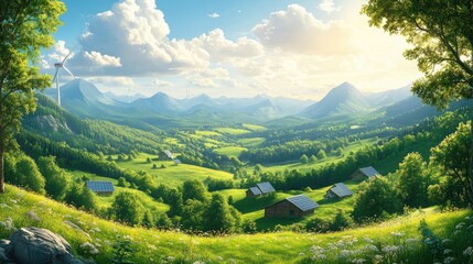 Obraz premium Scenic panoramic view of a lush green valley with solar farms, surrounded by majestic mountains and a vibrant blue sky.