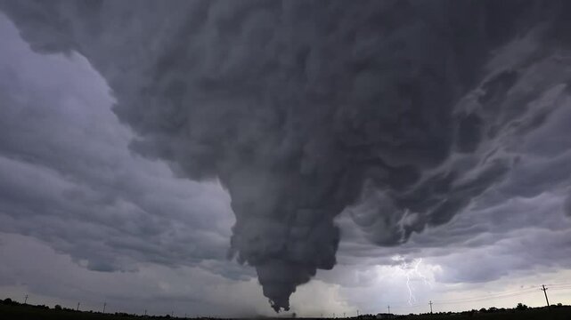 Menacing tornado funnel spiraling downward, splitting dark storm clouds while jagged lightning illuminates turbulent atmospheric destruction across desolate landscape