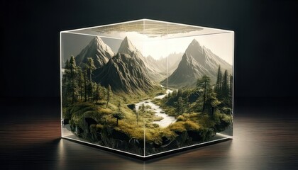 Mesmerizing miniature world inside a translucent cube with mountains and rivers. Fantasy landscape within a crystal-clear cube featuring waterfalls and misty peaks