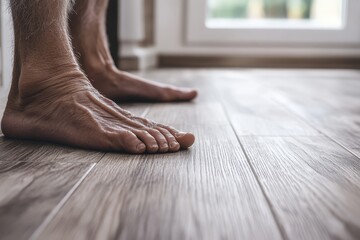 Senior male bare feet resting on smooth laminate flooring with a soft gray tone 