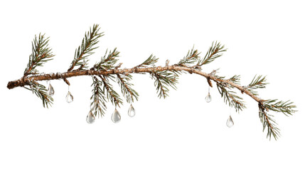 Pine branch dripping water droplets on transparent background