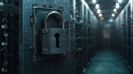 Metal padlock in a data center, safeguarding sensitive information.