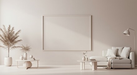 Elegant Minimalist Home Living Room Design with Neutral Tones and Cozy Decor. Modern interior space emphasizing simplicity and style.