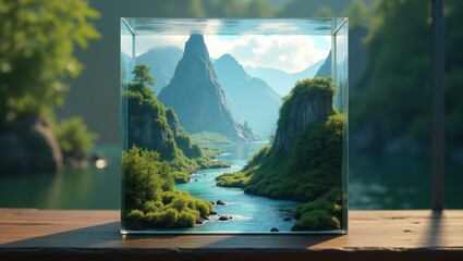 Fototapeta premium Mesmerizing miniature world inside a translucent cube with mountains and rivers. Fantasy landscape within a crystal-clear cube featuring waterfalls and misty peaks