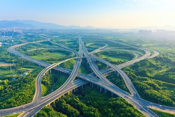 Aerial View of a Complex Highway Interchange Surrounded by Lush Greenery